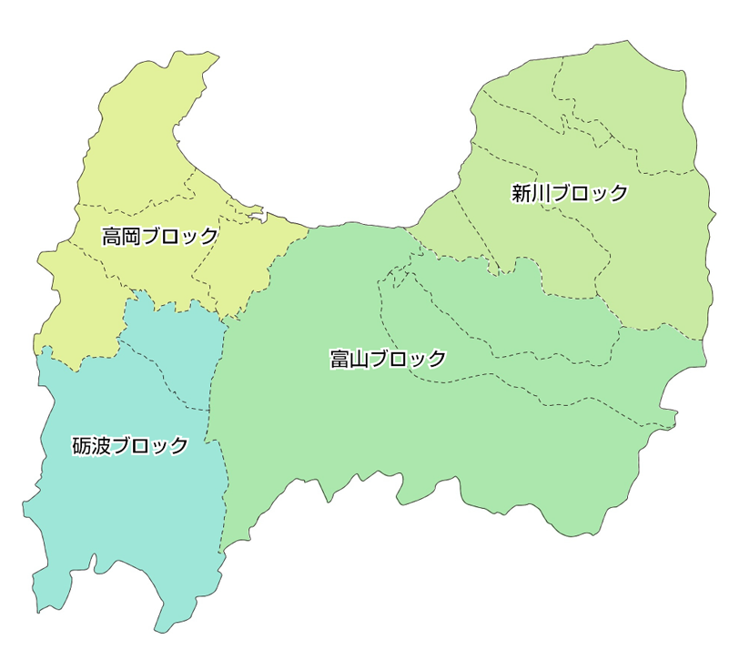富山県のブロック区分図（新川・富山・高岡・砺波）